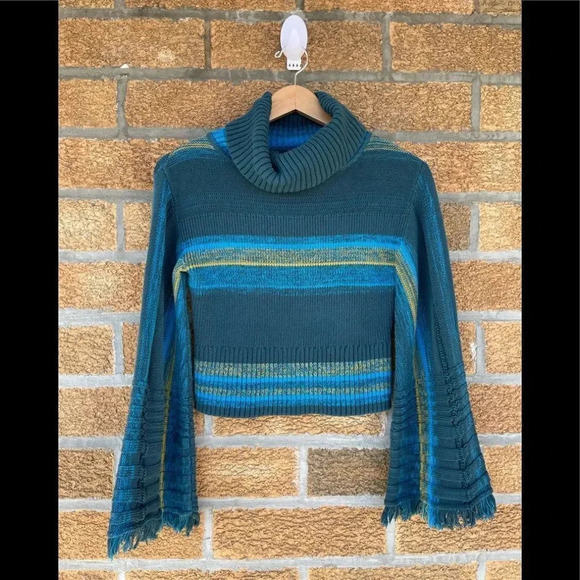 Free People Knit Striped Long Flared-Sleeve Turtleneck Sweater Blue XS - Picture 1 of 8